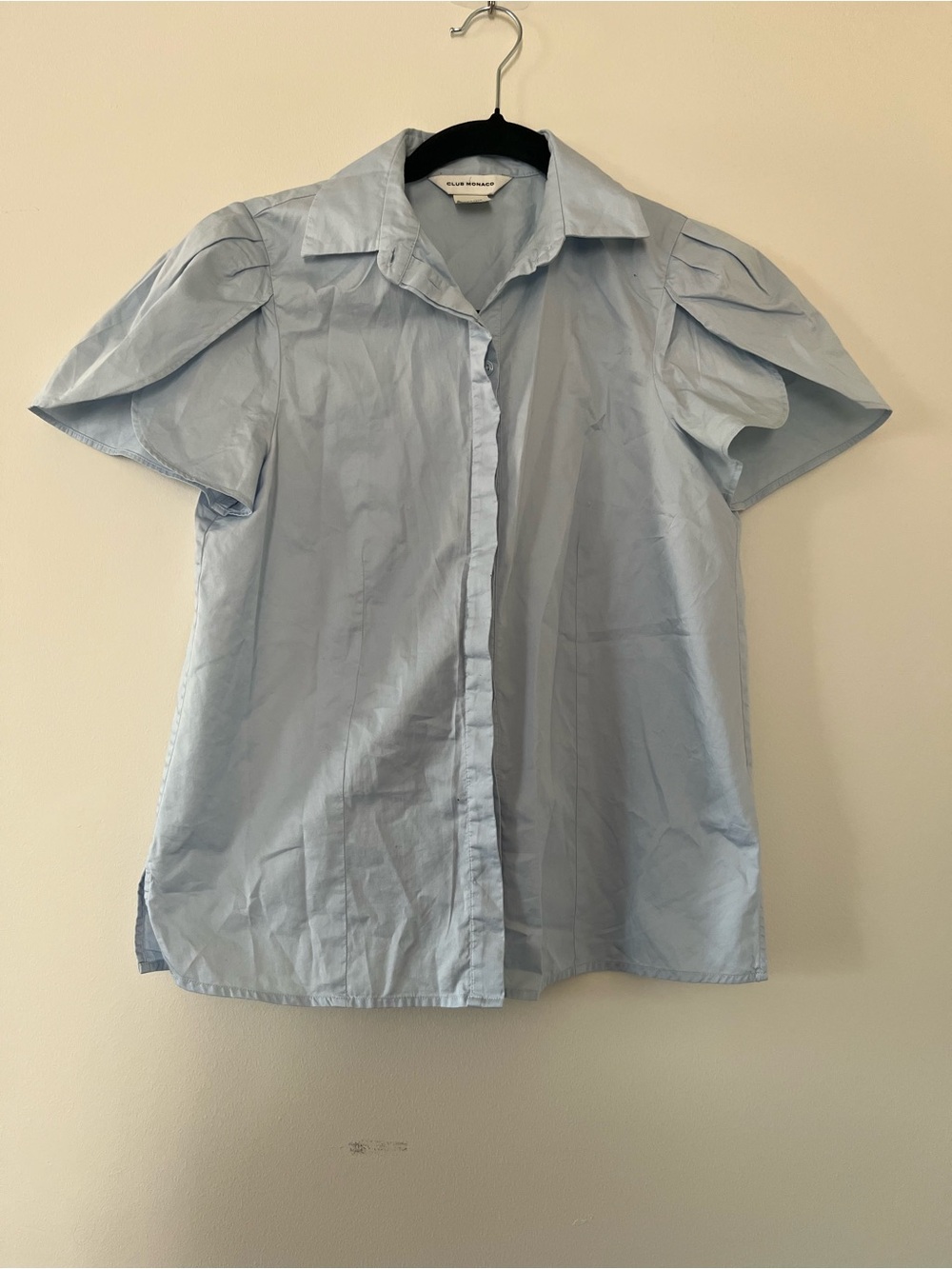 Club Monaco Cotton Button Up Puff Sleeve Top XXS Blue Capsule Wardrobe Coastal